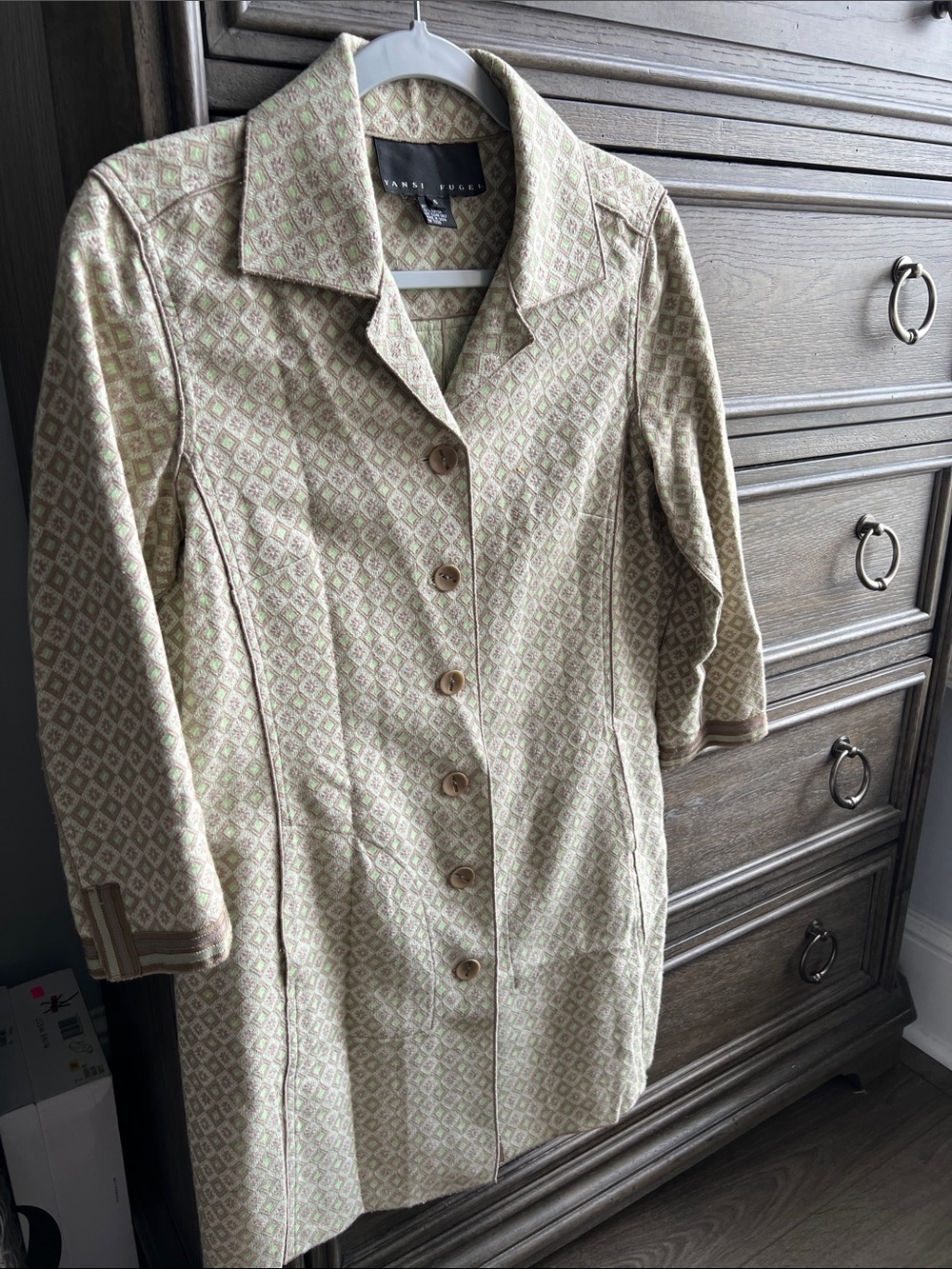 Vintage Yansi Fugel Geometric Diamond Pattern Blazer Jacket Tan Beige Size 6